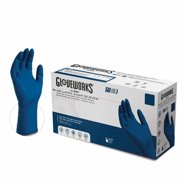 Gloveworks Latex Exam Gloves, 13 mil Palm, Latex, Powder-Free, L, 500 PK, Blue GPLHD86100